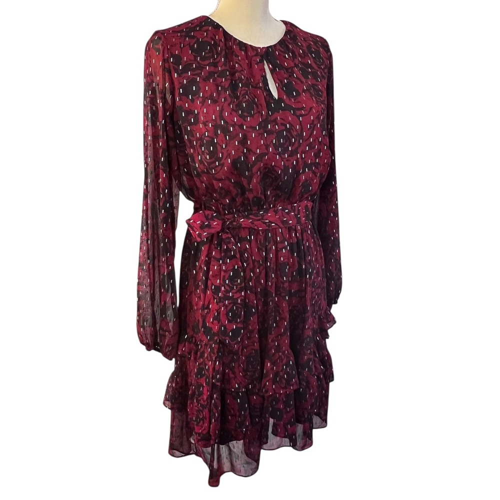 SIMPLY VERA Vera Wang Dress Women's‎ Burgundy Rose Metallic Dot Tiered Ruffle  M - Picture 4 of 9